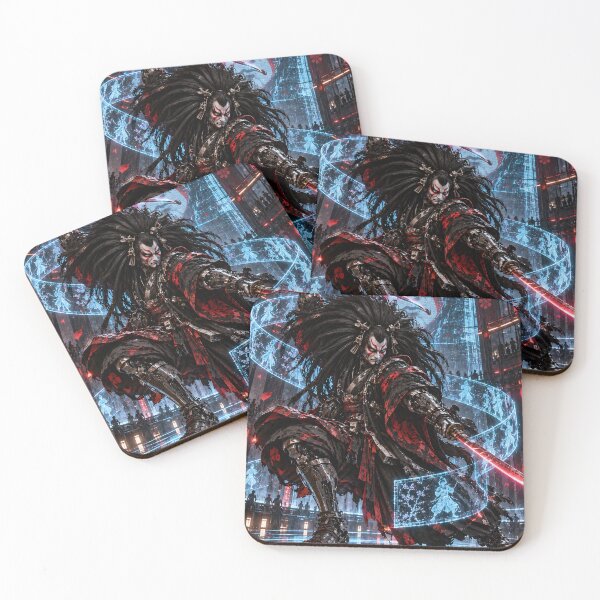 Item preview, Dark Cyberpunk Samurai with Dual Swords and Cyan Holograms designed and sold by MouradStudio.