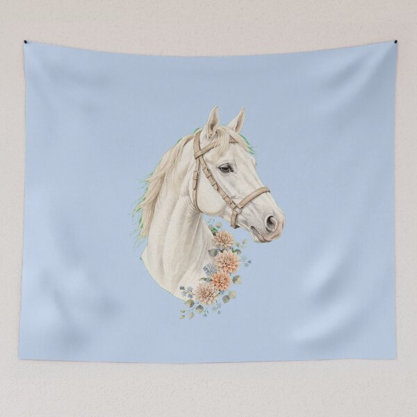 Item preview, White Horse with Beige Halter Dahlias Floral Equestrian Art designed and sold by Vibe-Vary.
