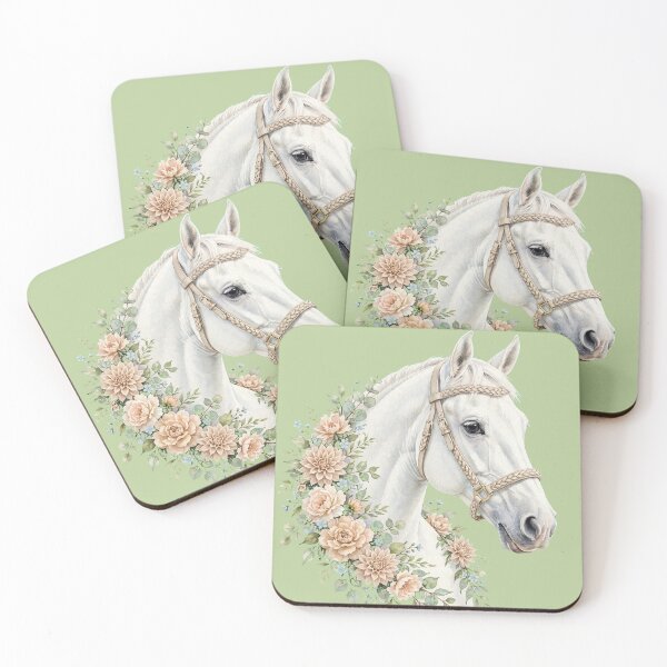 Item preview, White Horse Braided Halter Peach Floral Equestrian Art designed and sold by Vibe-Vary.