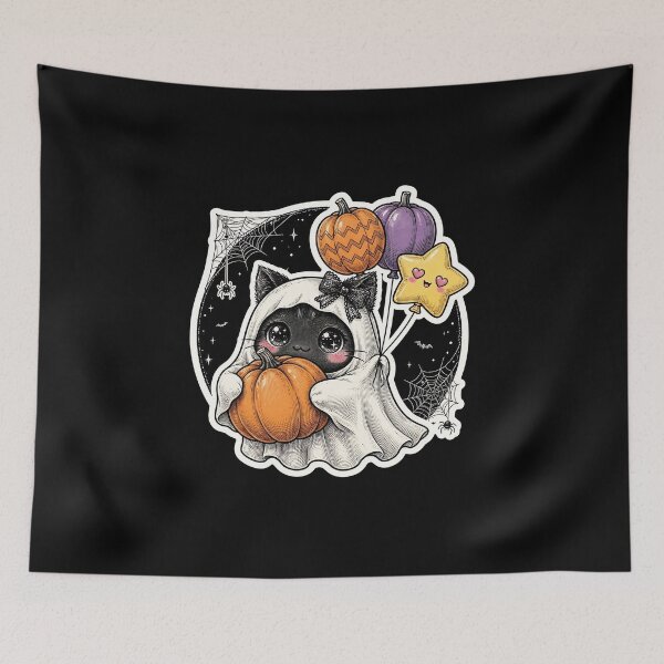 Item preview, Cute Black Cat Ghost Pumpkin Balloons Halloween Coquette designed and sold by HealingEraInk.