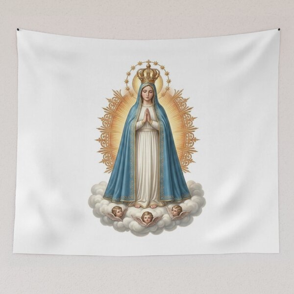 Item preview, Virgin with Crown and Clouds Catholic Art White Background designed and sold by MantoSagrado.