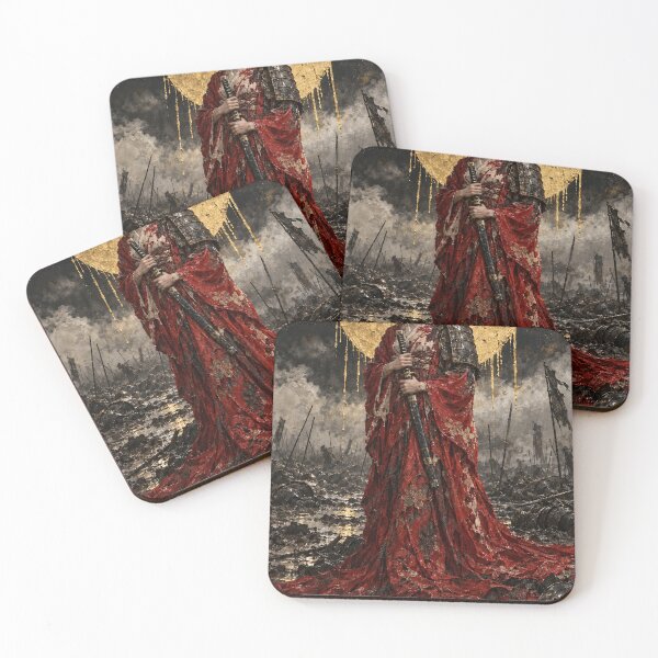 Item preview, Red-Robed Female Samurai Beneath a Cracked Gold Moon designed and sold by MouradStudio.