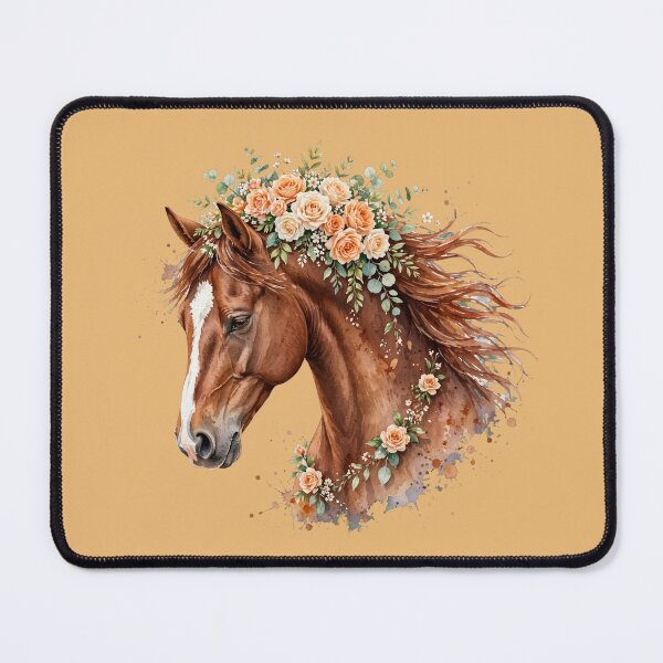 Item preview, Brown Horse Peach Roses Floral Crown Watercolor Art designed and sold by Vibe-Vary.