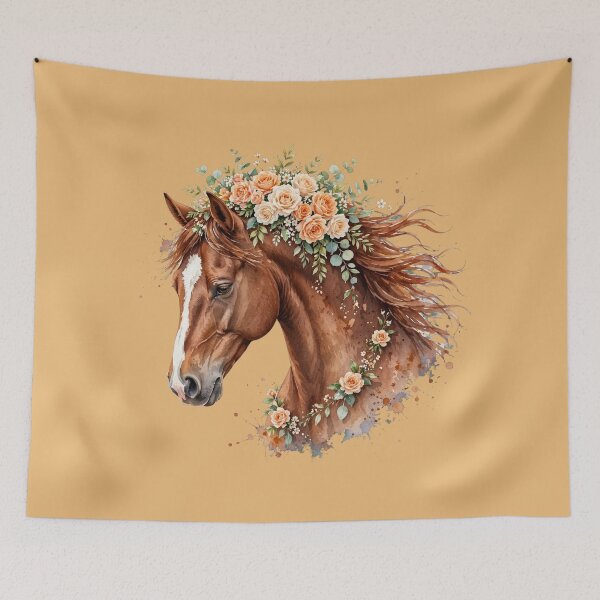 Item preview, Brown Horse Peach Roses Floral Crown Watercolor Art designed and sold by Vibe-Vary.