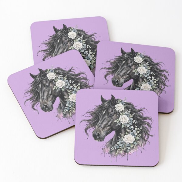 Item preview, Black Horse White Roses Watercolor Floral Equestrian Art designed and sold by Vibe-Vary.