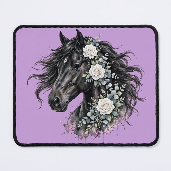 Item preview, Black Horse White Roses Watercolor Floral Equestrian Art designed and sold by Vibe-Vary.