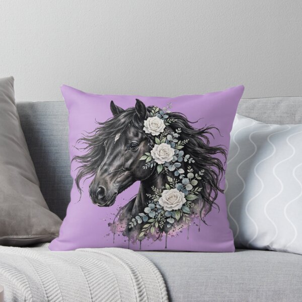 Artikelvorschau, Schwarzes Pferd, weiße Rosen, Aquarell-Blumenkunst im Reitstil entworfen und verkauft von Vibe-Vary.