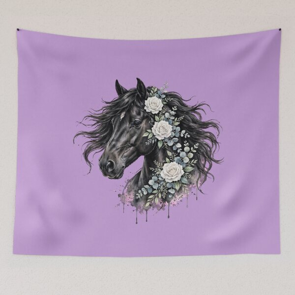 Item preview, Black Horse White Roses Watercolor Floral Equestrian Art designed and sold by Vibe-Vary.