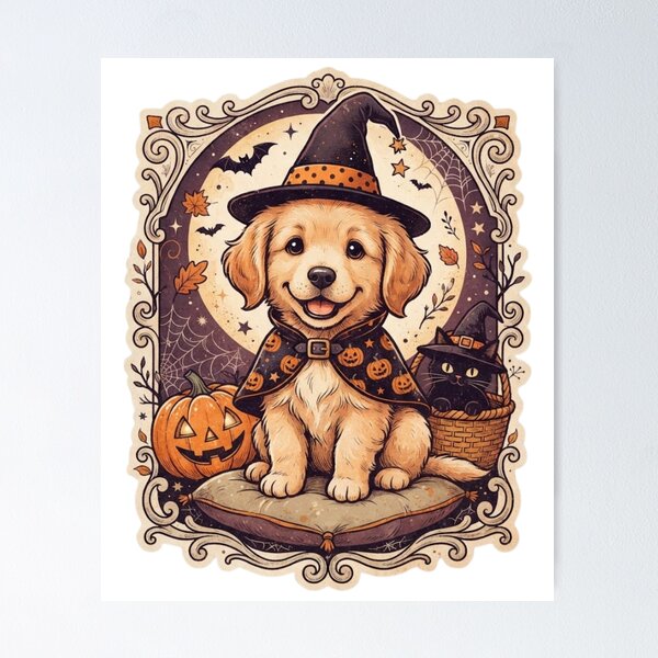 Item preview, Vintage Halloween design with witch puppy costume  designed and sold by VibranPalette.