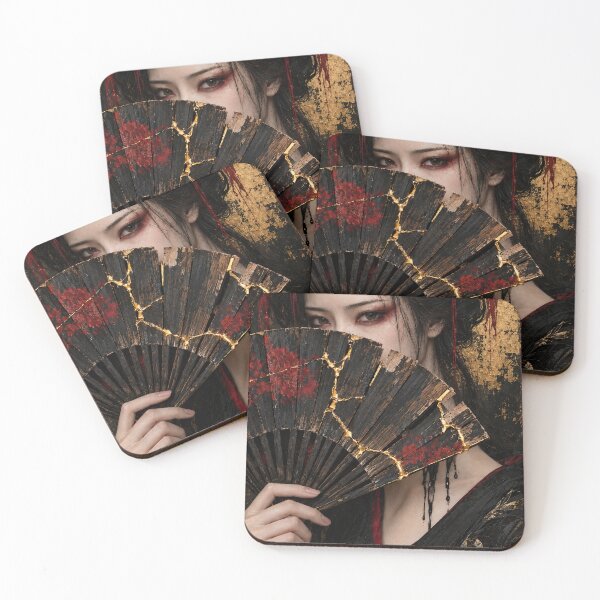 Item preview, Japanese Woman Behind a Black Folding Fan with Gold Cracks designed and sold by MouradStudio.