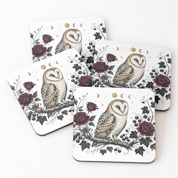 Item preview, Gothic Barn Owl with Dark Red Roses and Moon Phases designed and sold by CraftyValley.