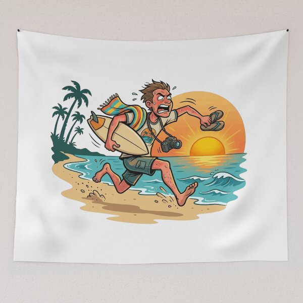Item preview, Funny Beach Vacation Surfer Sunburnt Tourist Sprinting Retro Comic Art designed and sold by mood-draftsman.