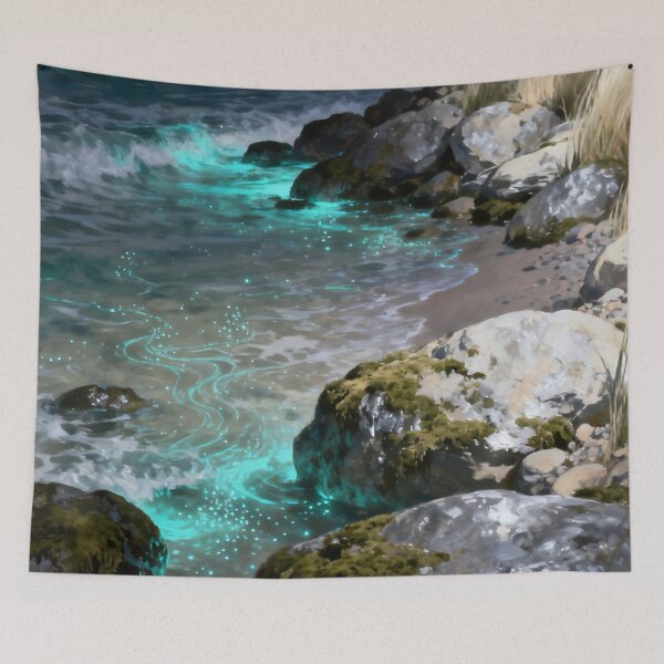 Item preview, Bioluminescent Beach Wall Art, Glowing Ocean Landscape, Coastal Night Painting, Magical Sea Nature Decor designed and sold by stylishdzign.