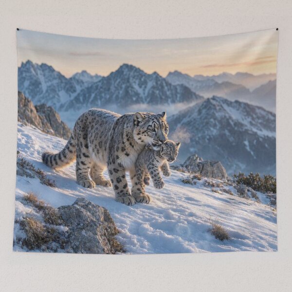 Item preview, Snow Leopard Mother and Cub in Winter Mountains designed and sold by ShieldRockPrints.