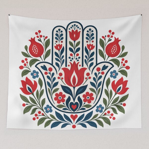 Item preview, Hamsa Hand Pomegranate Floral Jewish Folk Art designed and sold by Gold Turtle Lina.