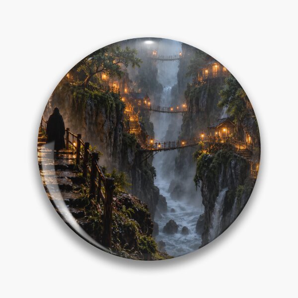 Item preview, Mystical Cliffside Village Waterfalls Fantasy Mountain Landscape designed and sold by IRON SIREN.