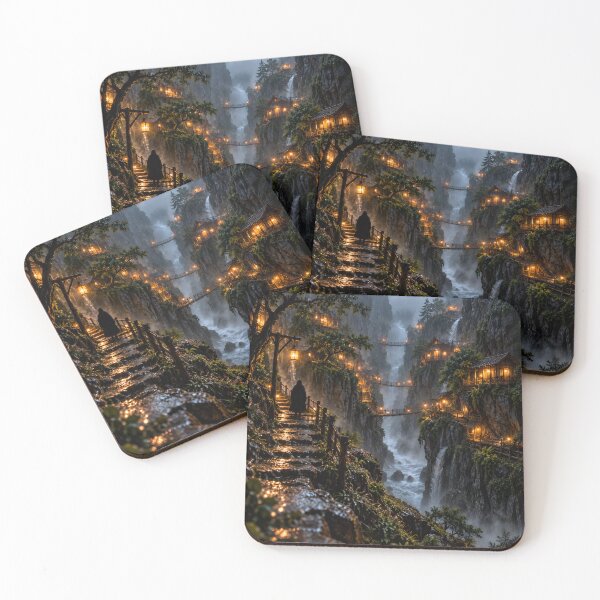 Item preview, Mystical Cliffside Village Waterfalls Fantasy Mountain Landscape designed and sold by IRON SIREN.