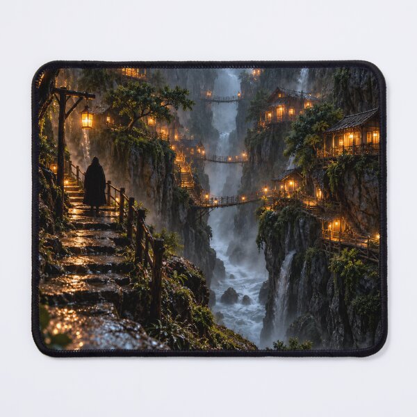Item preview, Mystical Cliffside Village Waterfalls Fantasy Mountain Landscape designed and sold by IRON SIREN.