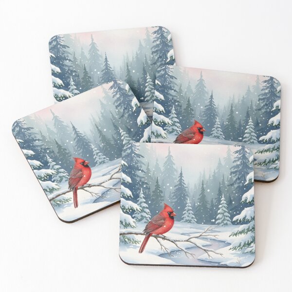 Item preview, Watercolor Red Cardinal Winter Forest Snowy Pine Trees Art Print designed and sold by VibranPalette.