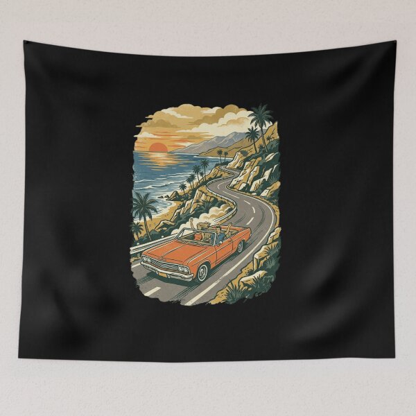 Item preview, Pacific Coast Highway Convertible Sunset Drive Retro Vintage Art designed and sold by mood-draftsman.