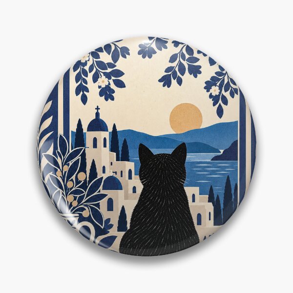 Item preview, Black Cat Mediterranean Window Folk Art designed and sold by Gold Turtle  Lina.