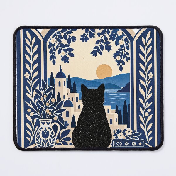 Item preview, Black Cat Mediterranean Window Folk Art designed and sold by Gold Turtle Lina.