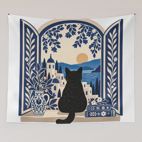 Item preview, Black Cat Mediterranean Window Folk Art designed and sold by Gold Turtle  Lina.