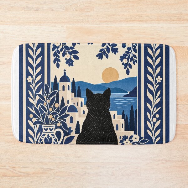 Item preview, Black Cat Mediterranean Window Folk Art designed and sold by Gold Turtle  Lina.