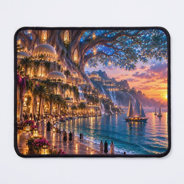 Item preview, Enchanted Tree City by the Sea Fantasy Sunset Landscape designed and sold by IRON SIREN.