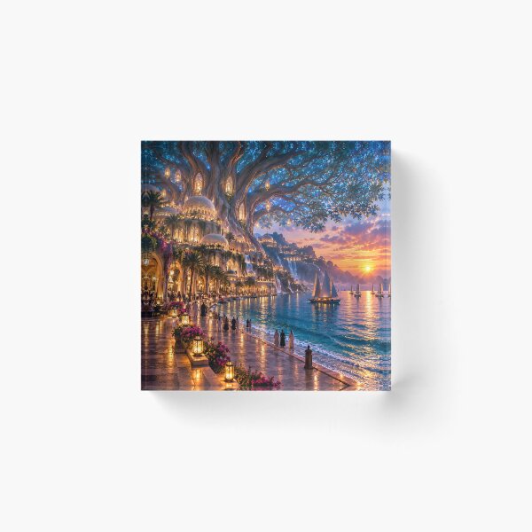Item preview, Enchanted Tree City by the Sea Fantasy Sunset Landscape designed and sold by IRON SIREN.