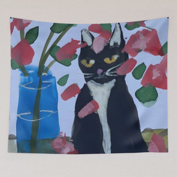 Item preview, Black Kitty & Pink Floral Arrangement designed and sold by startruth.