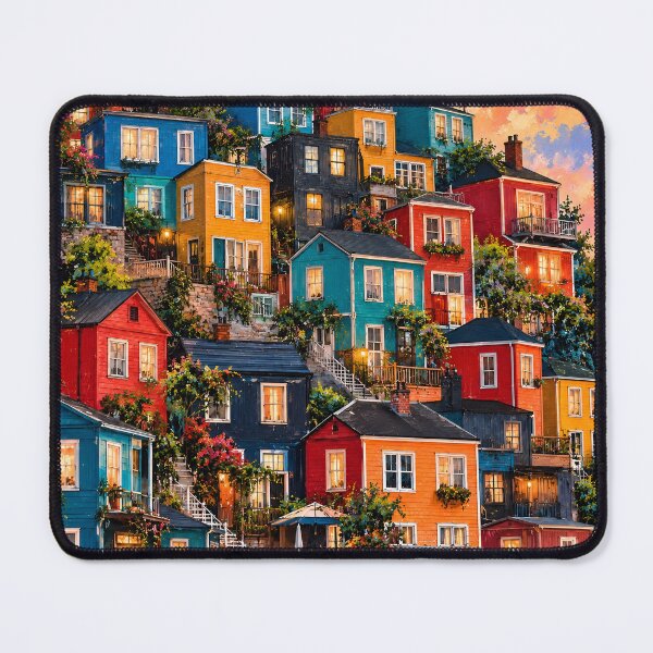 Item preview, Colorful Hillside Village Vibrant Houses Cozy Town Landscape designed and sold by IRON SIREN.
