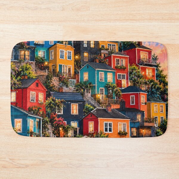 Item preview, Colorful Hillside Village Vibrant Houses Cozy Town Landscape designed and sold by IRON SIREN.