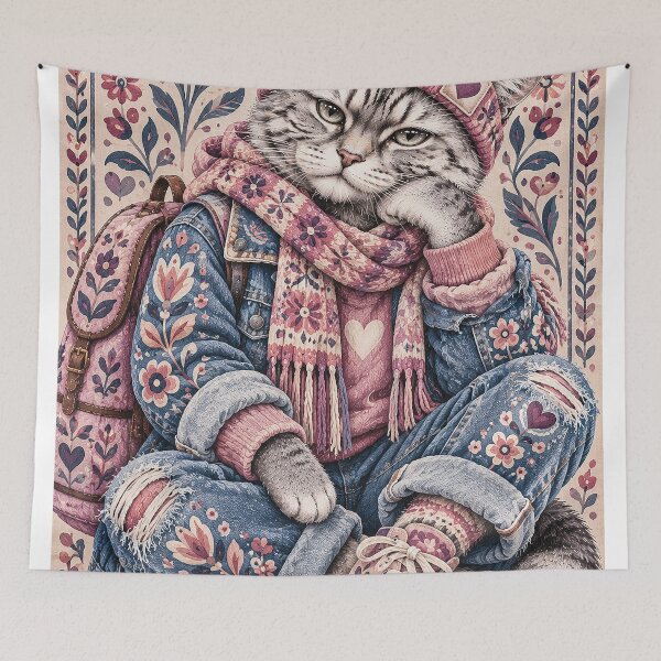 Item preview, Hipster Cat in Floral Denim Boho Outfit designed and sold by Gold Turtle  Lina.
