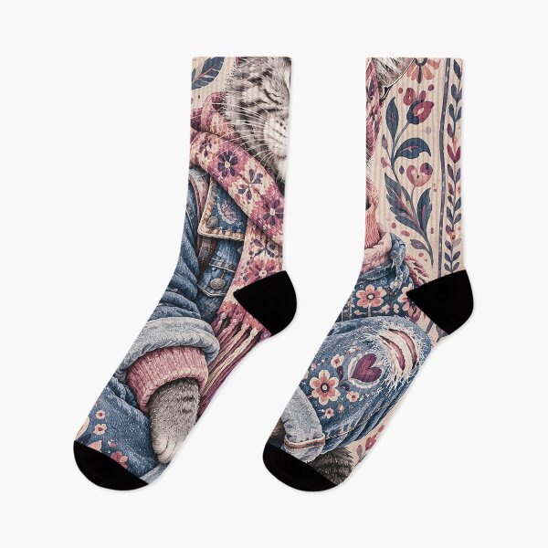 Item preview, Hipster Cat in Floral Denim Boho Outfit designed and sold by Gold Turtle  Lina.