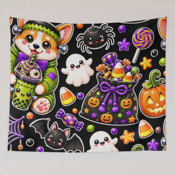 Item preview, Kawaii Halloween Corgi Pattern – Cute Frankenstein Dog, Ghosts, Pumpkins, Candy, Bats & Spider Webs designed and sold by ALH Apparel.