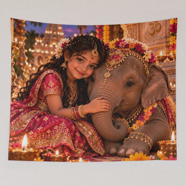 Item preview, Indian girl with baby elephant designed and sold by AnjaSarahArt.