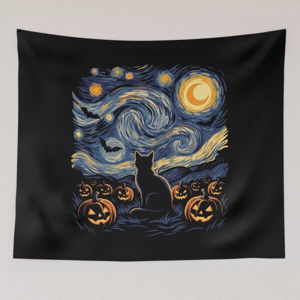 Item preview, Starry Night Spooky Black Cat & Glowing Pumpkins designed and sold by MizoX7.