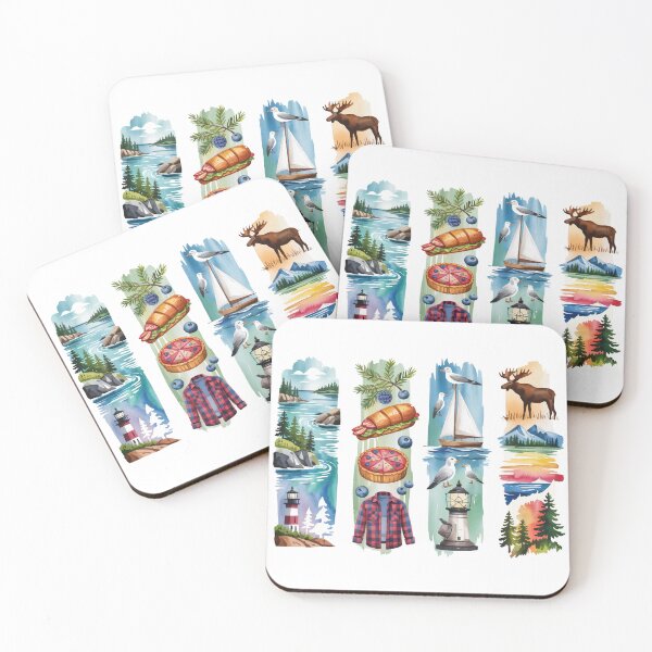 Item preview, Maine Coastal Watercolor – Lighthouse, Lobster Roll & Moose designed and sold by Marie Gems.