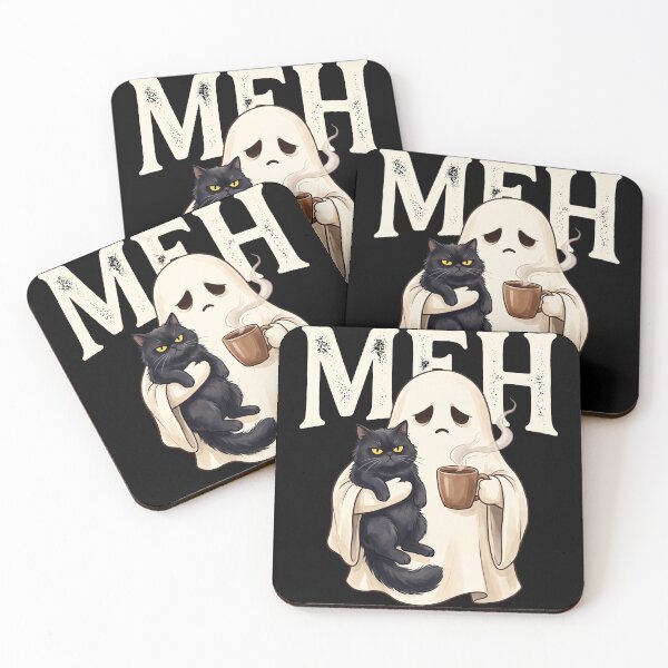 Item preview, MEH Funny Tired Ghost & Grumpy Black Cat Coffee designed and sold by MizoX7.
