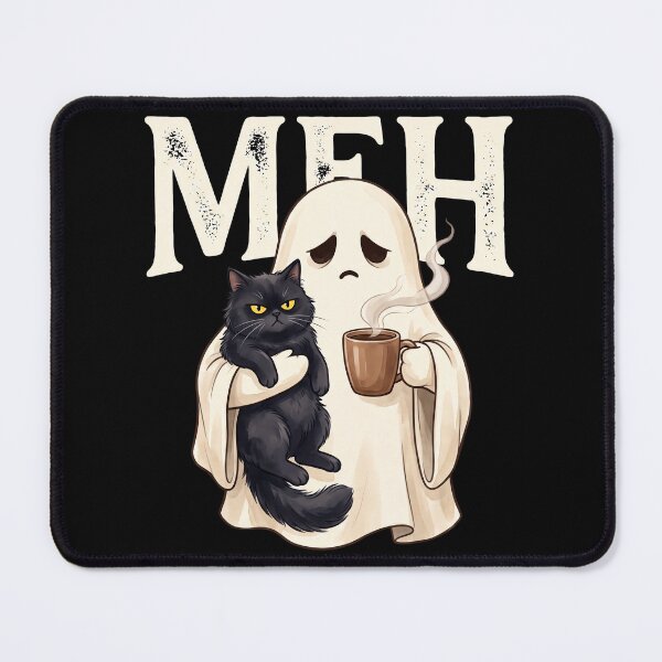 Item preview, MEH Funny Tired Ghost & Grumpy Black Cat Coffee designed and sold by MizoX7.