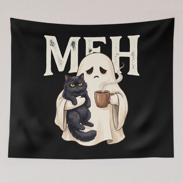 Item preview, MEH Funny Tired Ghost & Grumpy Black Cat Coffee designed and sold by MizoX7.