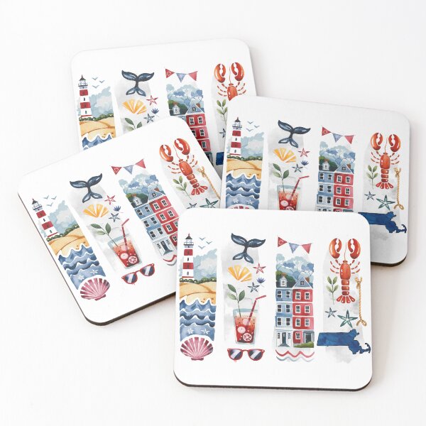 Item preview, Massachusetts Coastal Watercolor – Whale, Lobster & Lighthouse designed and sold by Marie Gems.