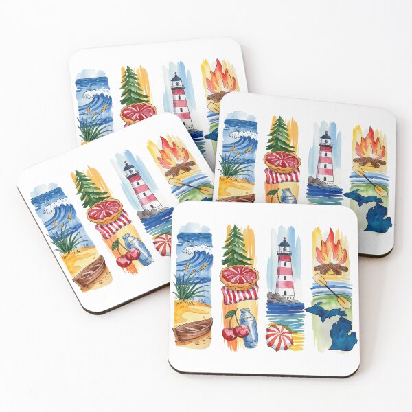 Item preview, Michigan Great Lakes Watercolor – Cherries, Lighthouse & Campfire designed and sold by Marie Gems.
