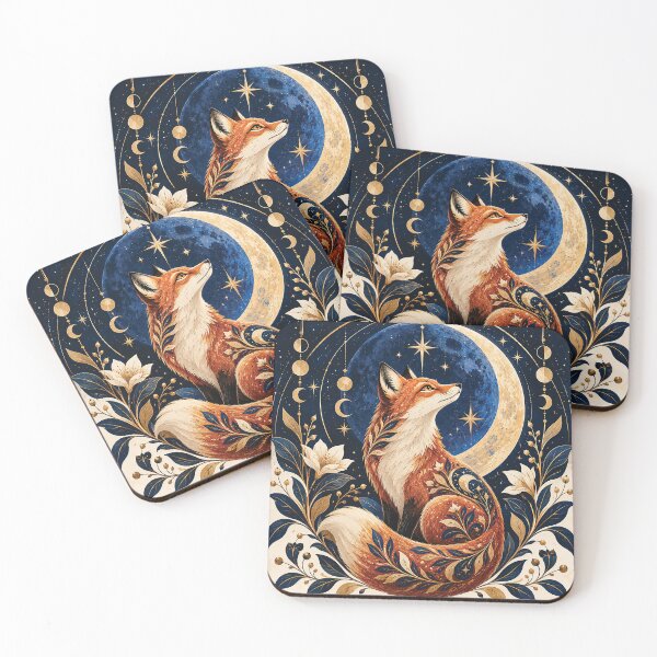 Item preview, Mystical Fox Under Crescent Moon Folk Art designed and sold by Gold Turtle  Lina.