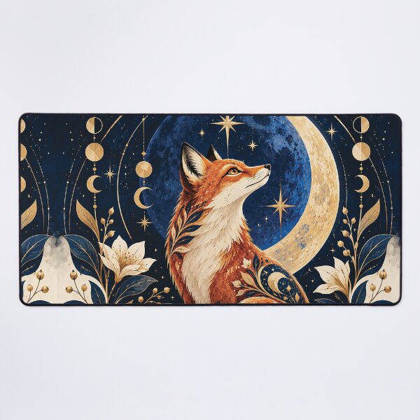 Item preview, Mystical Fox Under Crescent Moon Folk Art designed and sold by Gold Turtle Lina.