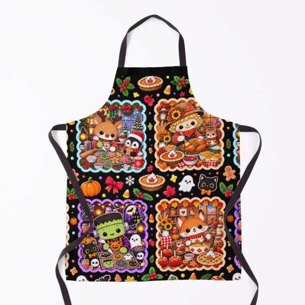 Item preview, Kawaii Holiday Baking Pattern – Cute Fall, Halloween & Christmas Animals, Seasonal Kitchen Patchwork Design designed and sold by ALH Apparel.