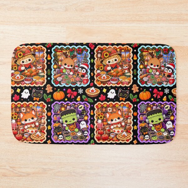 Item preview, Kawaii Holiday Baking Pattern – Cute Fall, Halloween & Christmas Animals, Seasonal Kitchen Patchwork Design designed and sold by ALH Apparel.