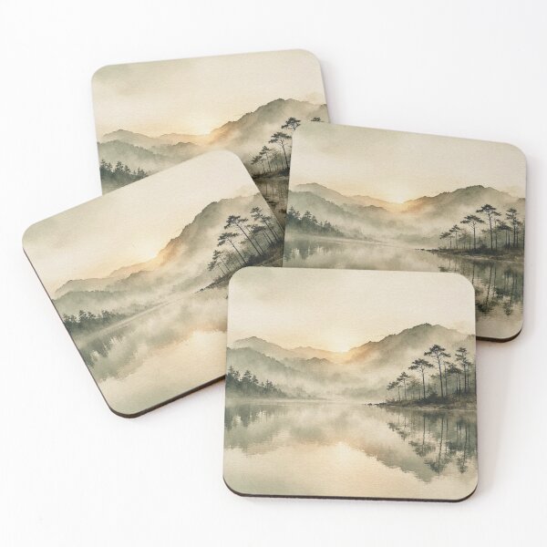 Item preview, Misty Lake Mountain Sunrise Watercolor Painting Pine Tree Landscape designed and sold by ShieldRockPrints.