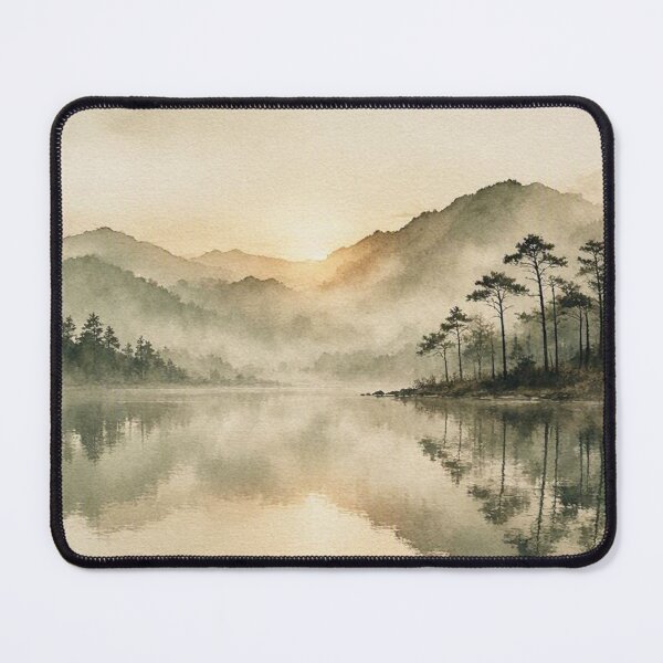 Item preview, Misty Lake Mountain Sunrise Watercolor Painting Pine Tree Landscape designed and sold by ShieldRockPrints.